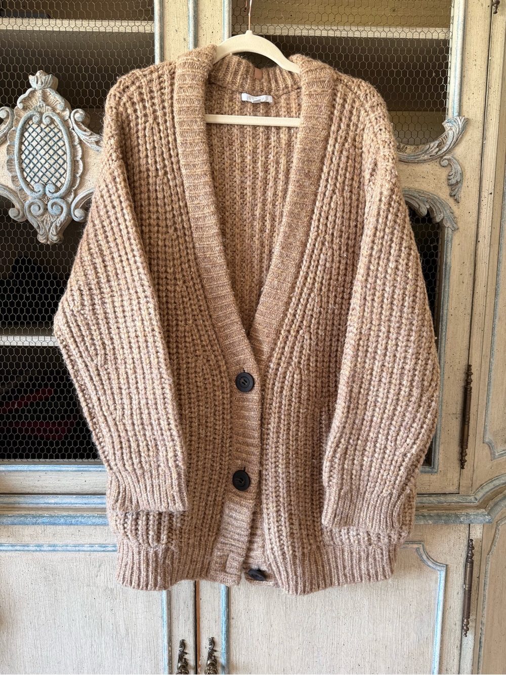 lunya Relaxed Waffle-Knit Button Cardigan in Camel